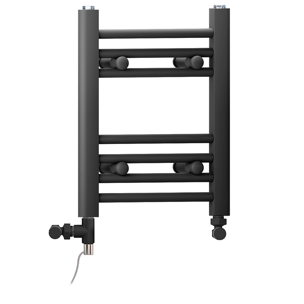  Dual Fuel 350 x 400mm Straight Matt Black Heated Towel Rail - (incl. Valves + Electric Heating Kit)