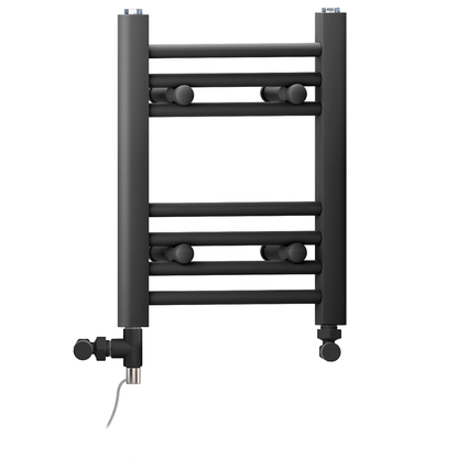  Dual Fuel 350 x 400mm Straight Matt Black Heated Towel Rail - (incl. Valves + Electric Heating Kit) 