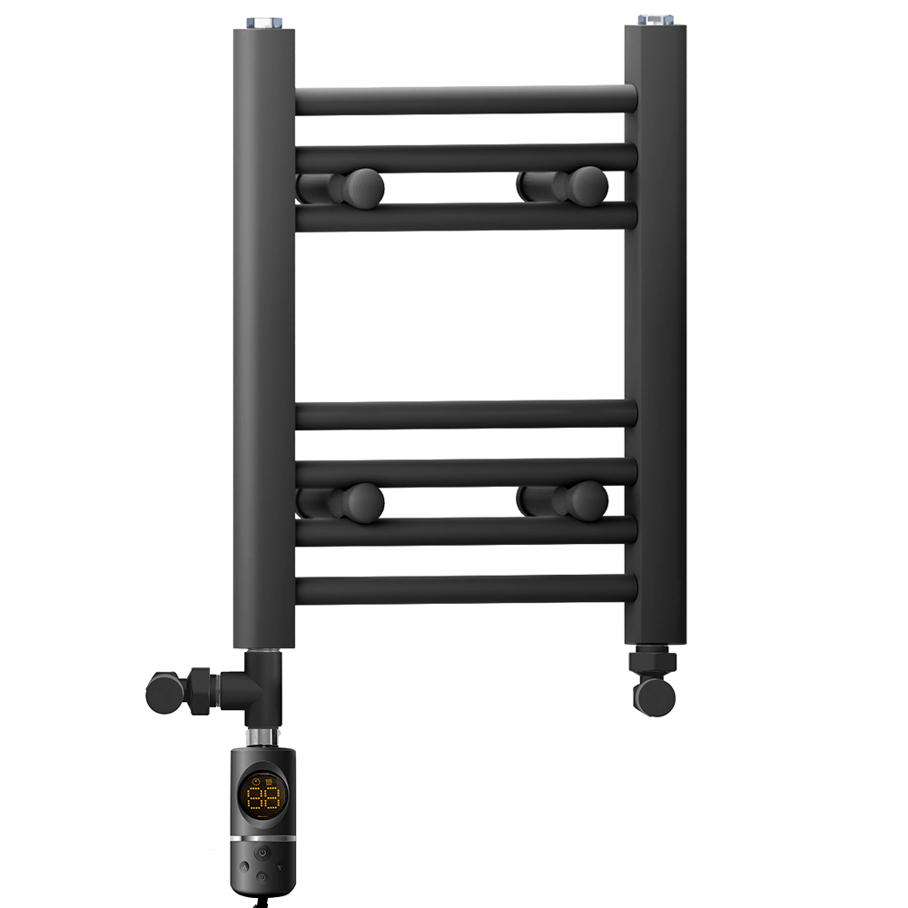  Dual Fuel 350 x 400mm Straight Matt Black Heated Towel Rail - (incl. Valves + Electric Heating Kit)