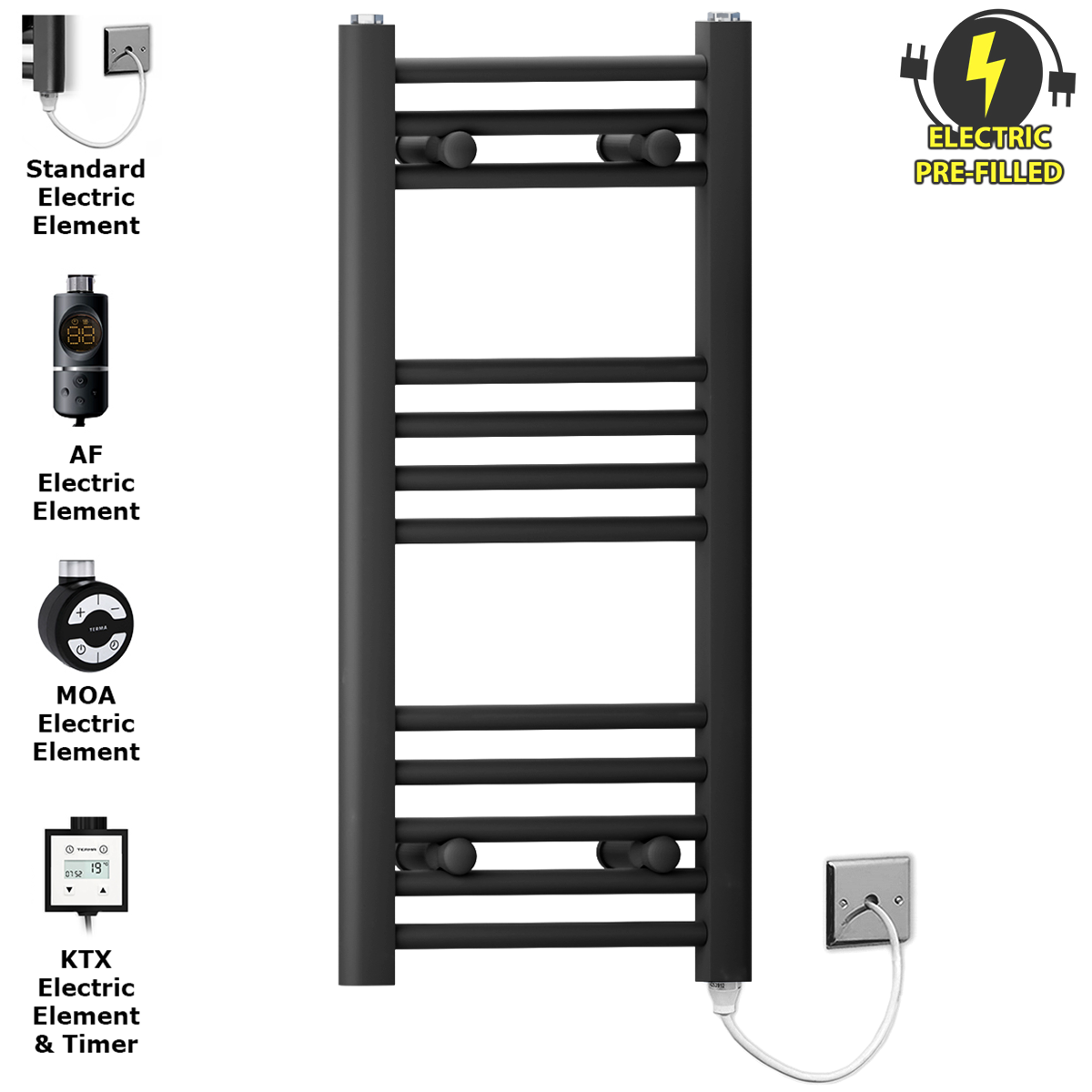  300mm Wide - 800mm High Flat Black Electric Heated Towel Rail Radiator