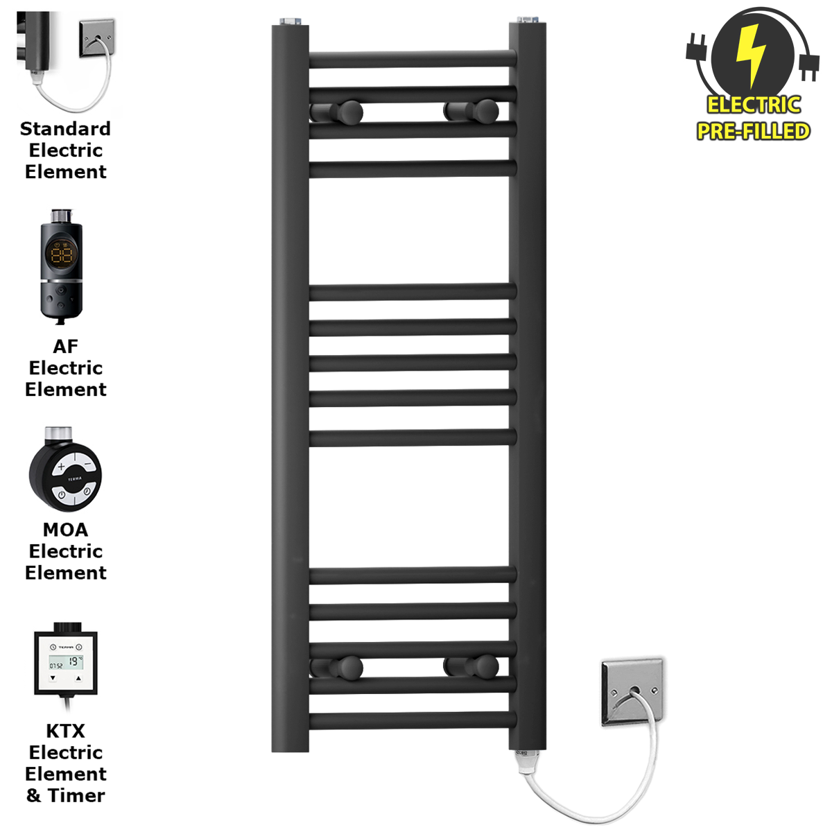  350mm Wide - 800mm High Flat Black Electric Heated Towel Rail Radiator