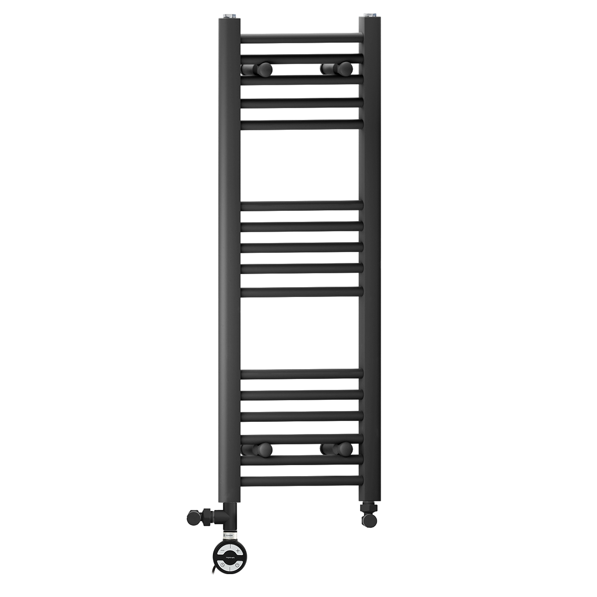  Dual Fuel 350 x 900mm Straight Matt Black Heated Towel Rail - (incl. Valves + Electric Heating Kit)