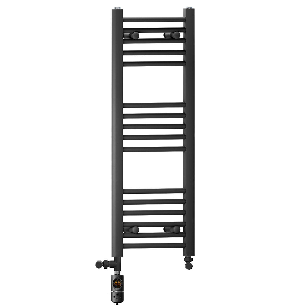  Dual Fuel 350 x 900mm Straight Matt Black Heated Towel Rail - (incl. Valves + Electric Heating Kit)