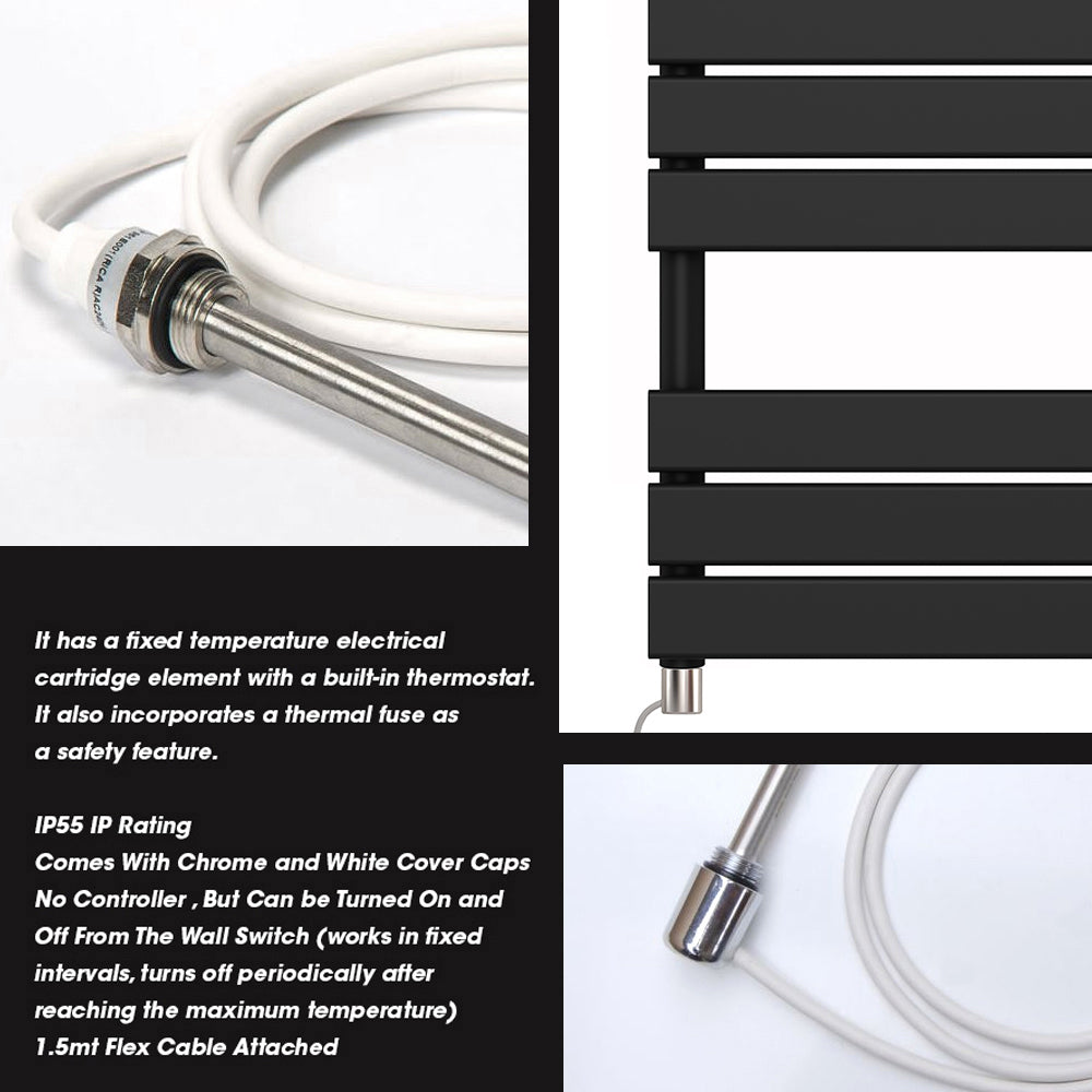  550 x 800mm Black Electric Heated Towel Rail Radiator – Flat Panel Designer 400W Pre Filled UK