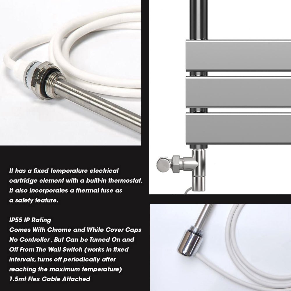  Dual Fuel 500 x 800mm Flat Panel Chrome Heated Towel Rail Radiator - (incl. Valves + Electric Heating Kit)