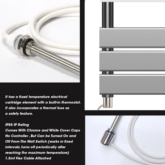 550 x 1200mm Chrome Electric Heated Towel Rail Radiator – Flat Panel Designer 600W Pre Filled UK 