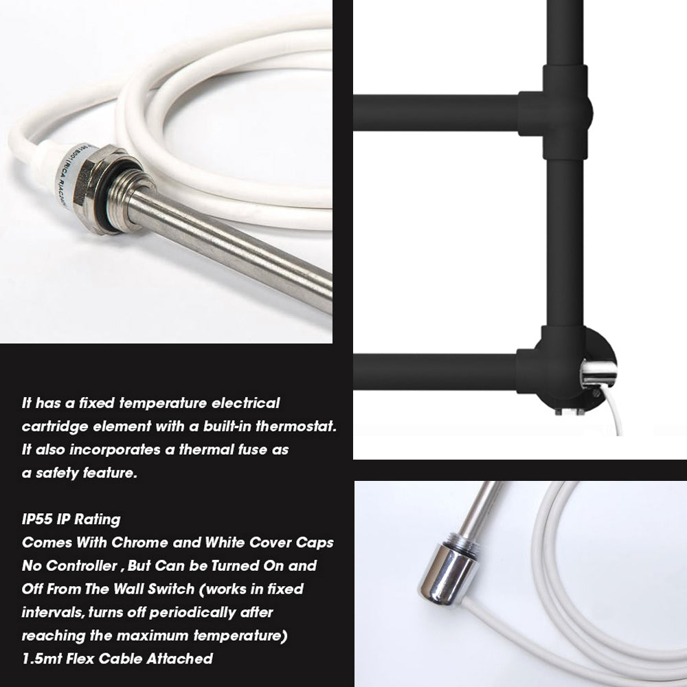  500 x 750mm Matt Black Electric Heated Towel Rail Radiator Traditional Ladder Bathroom Heater Pre Filled