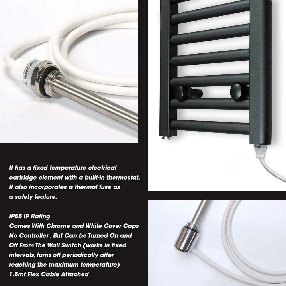  500mm x 1400mm Black Heated Towel Rail Radiator | Electric 19mm Tube