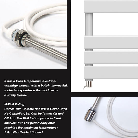 550 x 800mm White Electric Heated Towel Rail Radiator – Flat Panel Designer 400W Pre Filled UK 