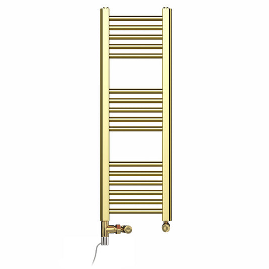 Dual Fuel 300 x 900mm Shiny Gold Heated Towel Rail Radiator- (incl. Valves + Electric Heating Kit) 
