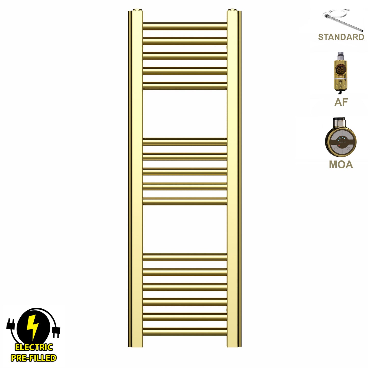  300mm Wide - 900mm High Shiny Gold Electric Heated Towel Rail Radiator