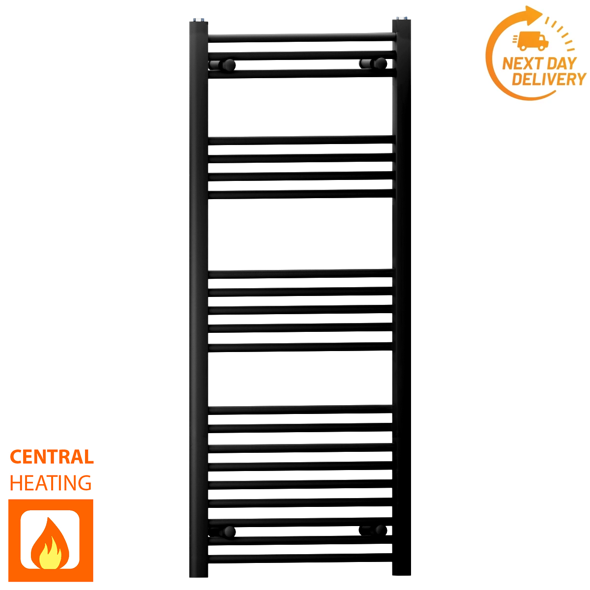  400mm x 1200mm Black Heated Towel Rail Radiator | Central Heating 19mm Tube