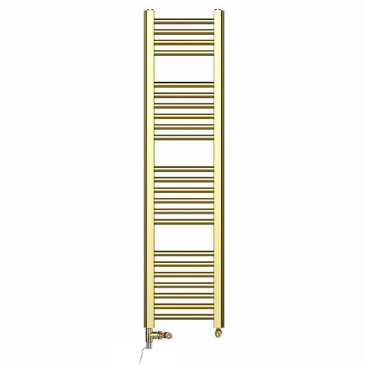 Dual Fuel 400 x 1200mm Shiny Gold Heated Towel Rail Radiator- (incl. Valves + Electric Heating Kit) 