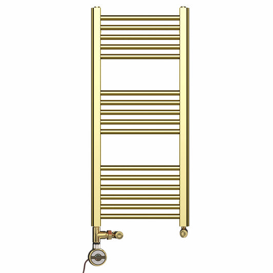 Dual Fuel 400 x 900mm Shiny Gold Heated Towel Rail Radiator- (incl. Valves + Electric Heating Kit) 