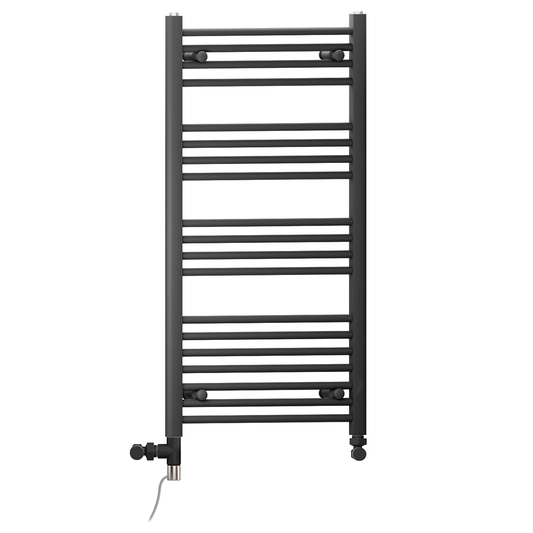 Dual Fuel 450 x 1000mm Straight Matt Black Heated Towel Rail - (incl. Valves + Electric Heating Kit) 