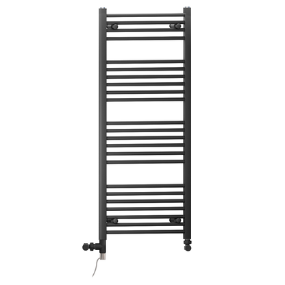  Dual Fuel 400 x 1200mm Straight Matt Black Heated Towel Rail - (incl. Valves + Electric Heating Kit) 