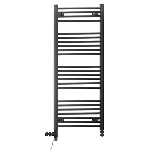 Dual Fuel 600 x 1200mm Straight Matt Black Heated Towel Rail - (incl. Valves + Electric Heating Kit) 
