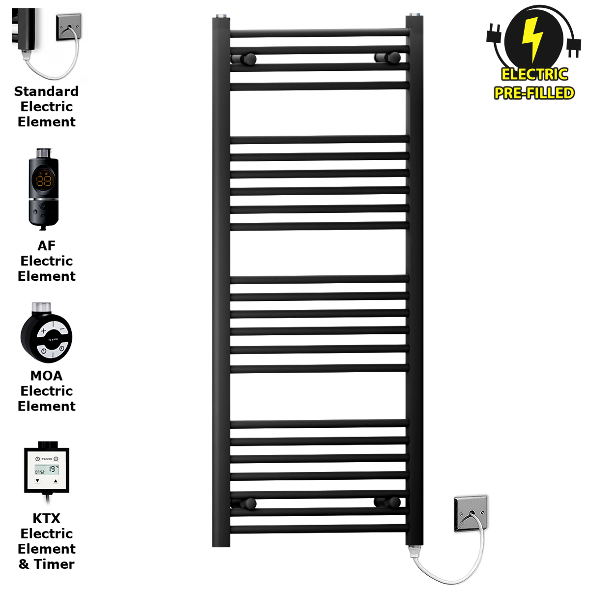  45 120 Matt Black Towel Rail Radiator Heated Warmer Wide High Electric Pre Filled Element All Elements 77db2286 4171 45f8 9ca2 624904abab9f