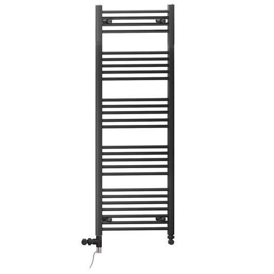 Dual Fuel 600 x 1400mm Straight Matt Black Heated Towel Rail - (incl. Valves + Electric Heating Kit)