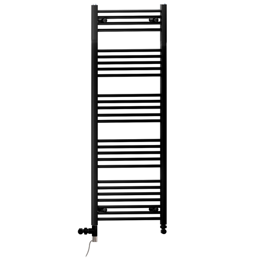 550mm x 1400mm Matt Black Dual Fuel Heated Towel Rail | Flat Ladder 