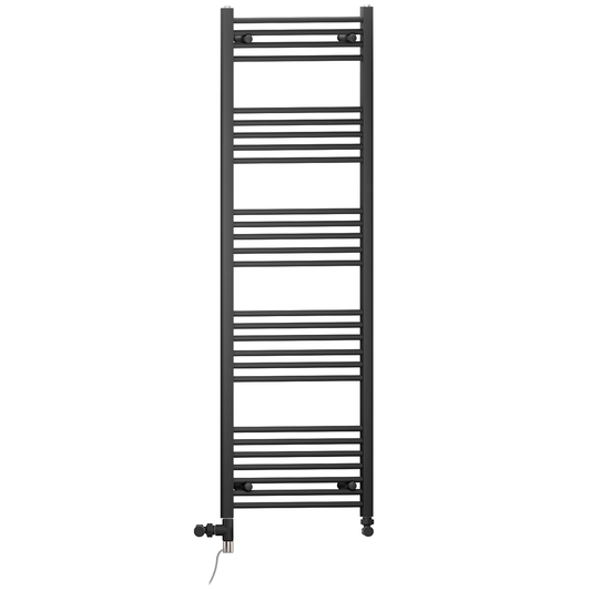 Dual Fuel 600 x 1600mm Straight Matt Black Heated Towel Rail - (incl. Valves + Electric Heating Kit)