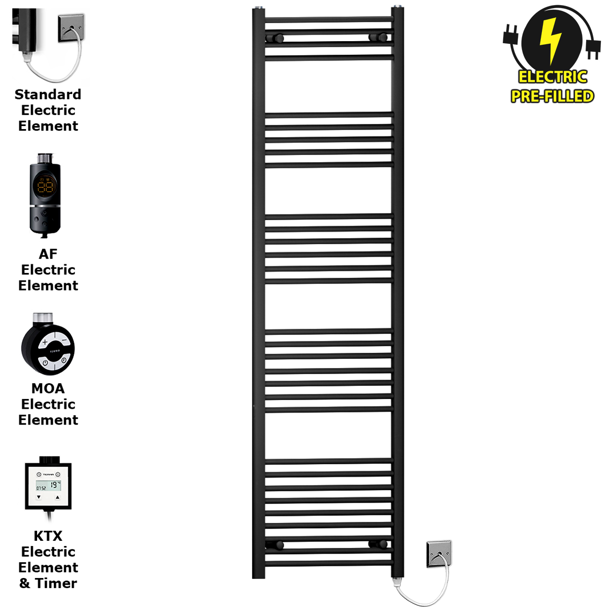 45 180 Matt Black Towel Rail Radiator Heated Warmer Wide High Electric Pre Filled Element All Elements 4940a667 d501 40b8 b730 55819d124283