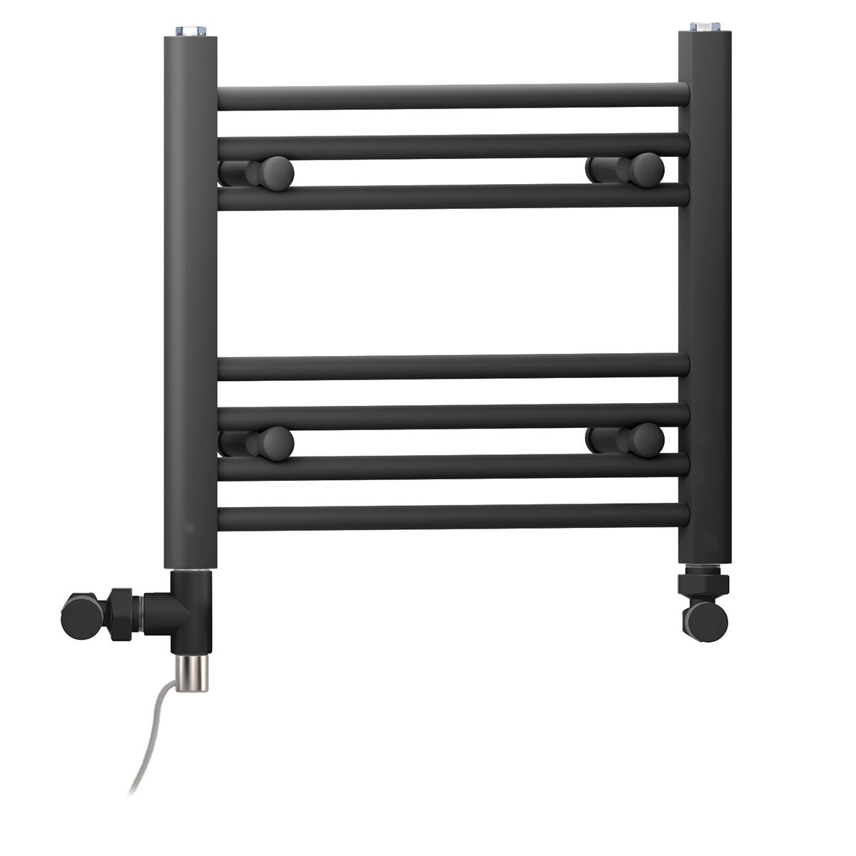 Dual Fuel 600 x 400mm Straight Matt Black Heated Towel Rail - (incl. Valves + Electric Heating Kit)