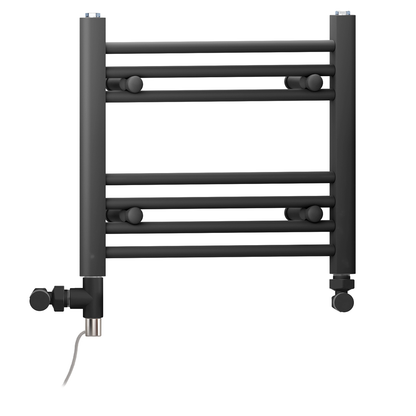  Dual Fuel 600 x 400mm Straight Matt Black Heated Towel Rail - (incl. Valves + Electric Heating Kit) 