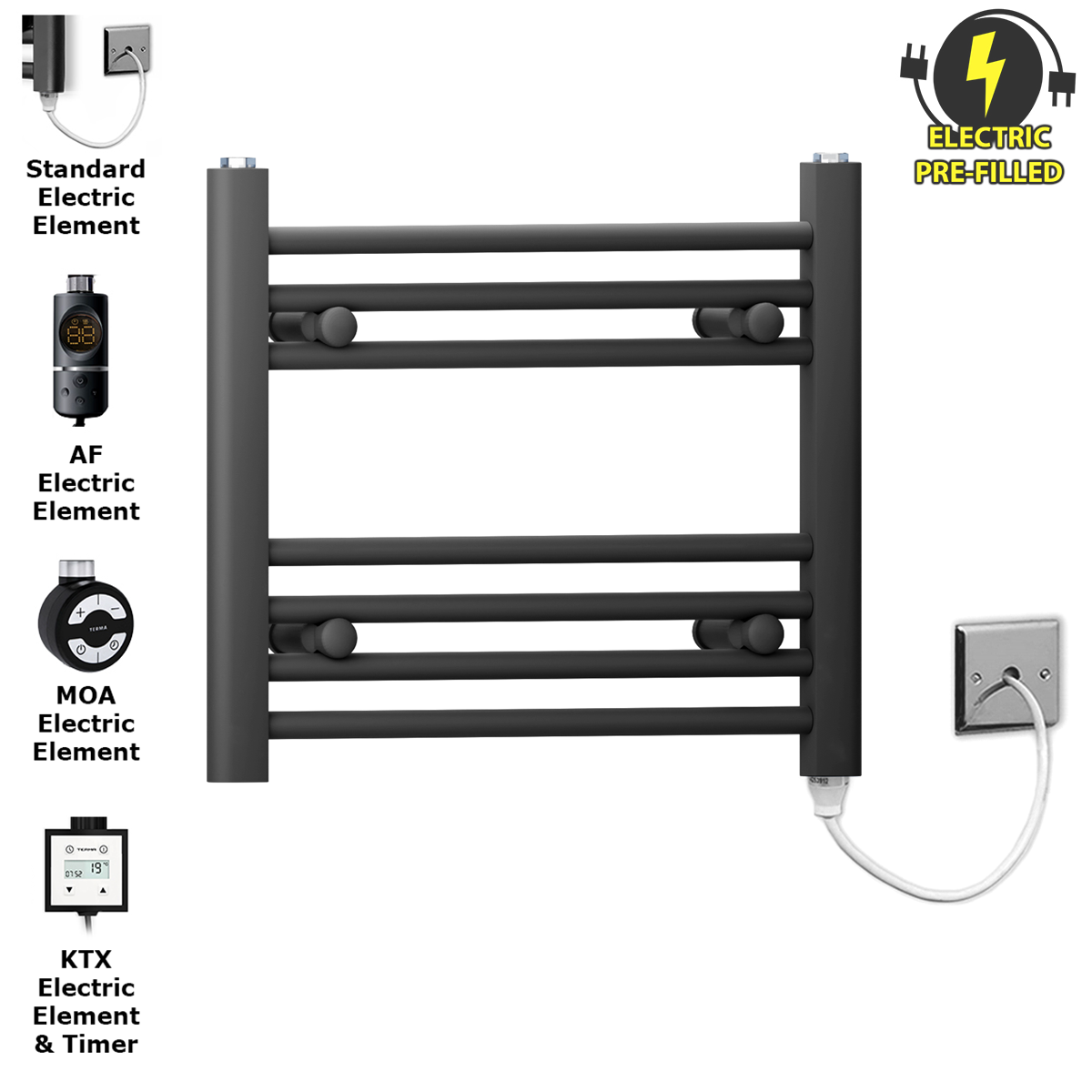  600mm Wide - 400mm High Flat Black Electric Heated Towel Rail Radiator
