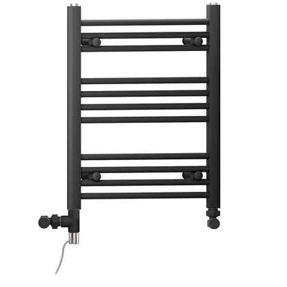 Dual Fuel 500 x 600mm Straight Matt Black Heated Towel Rail - (incl. Valves + Electric Heating Kit) 