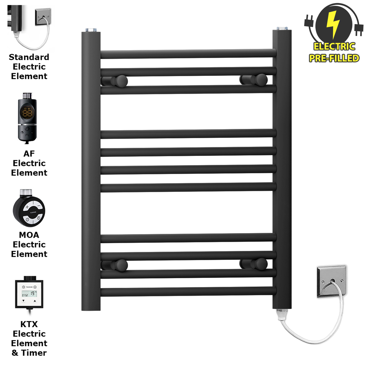  450mm Wide - 600mm High Flat Black Electric Heated Towel Rail Radiator