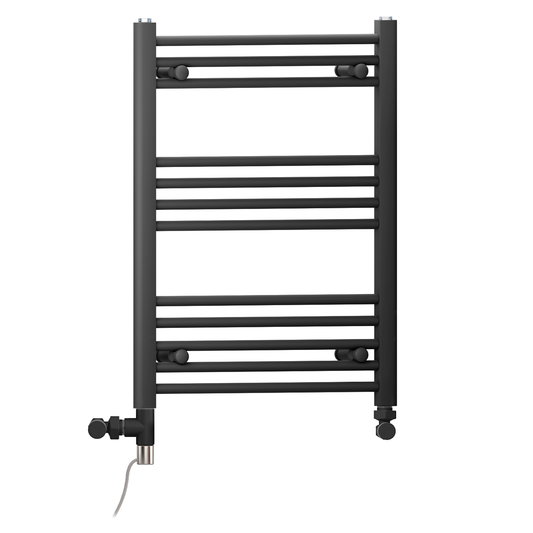 Dual Fuel 600 x 700mm Straight Matt Black Heated Towel Rail - (incl. Valves + Electric Heating Kit) 