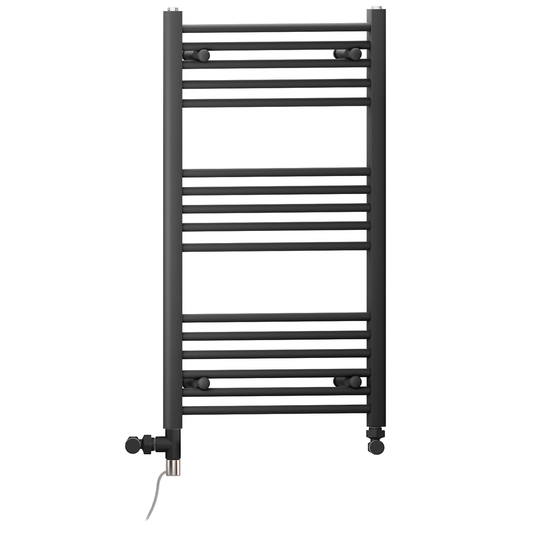 Dual Fuel 600 x 900mm Straight Matt Black Heated Towel Rail - (incl. Valves + Electric Heating Kit) 