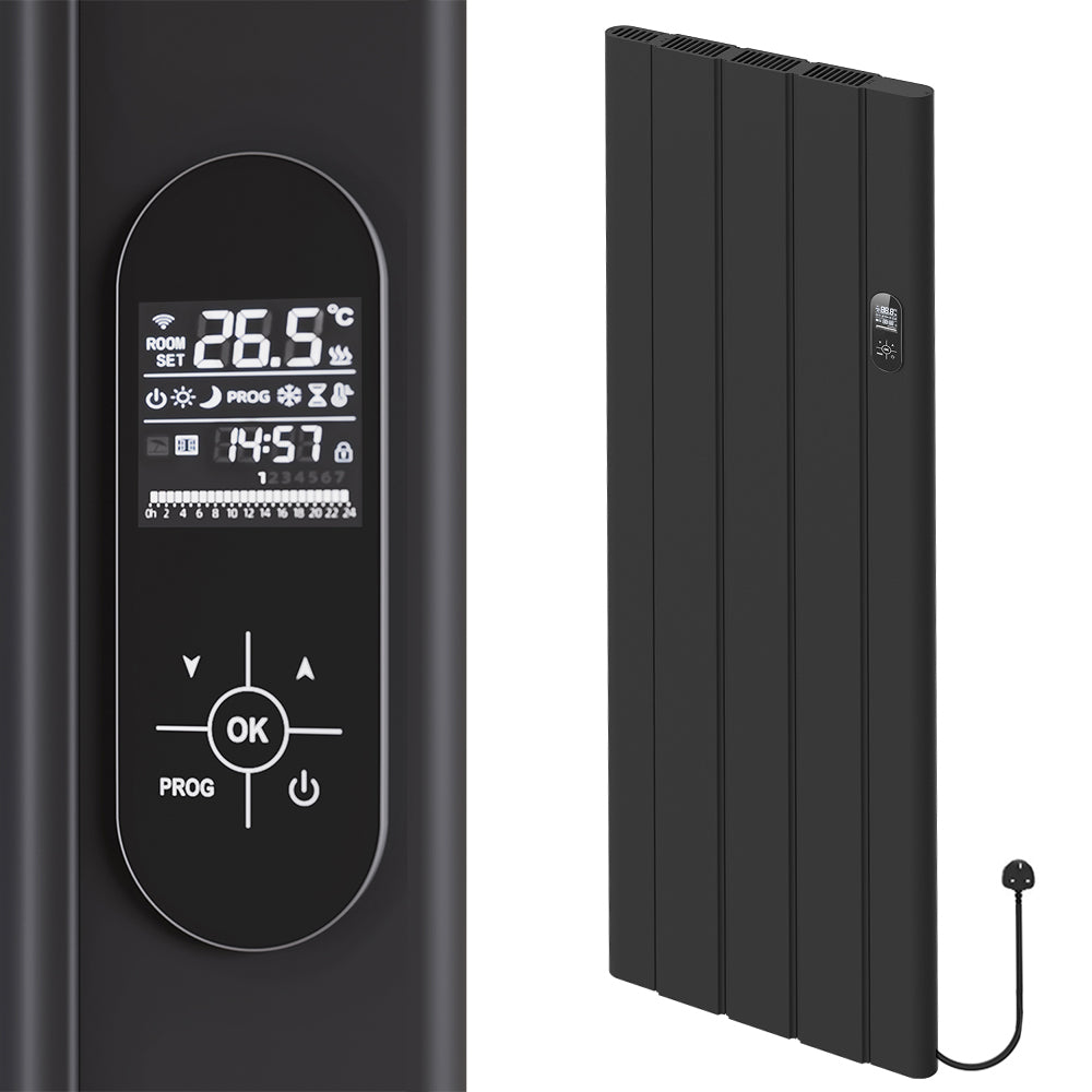 498 x 1600mm Smart Wifi Electric Panel Radiator - 1500W Black Vertical Aluminium