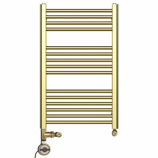 Dual Fuel 500 x 800mm Shiny Gold Heated Towel Rail Radiator- (incl. Valves + Electric Heating Kit) 