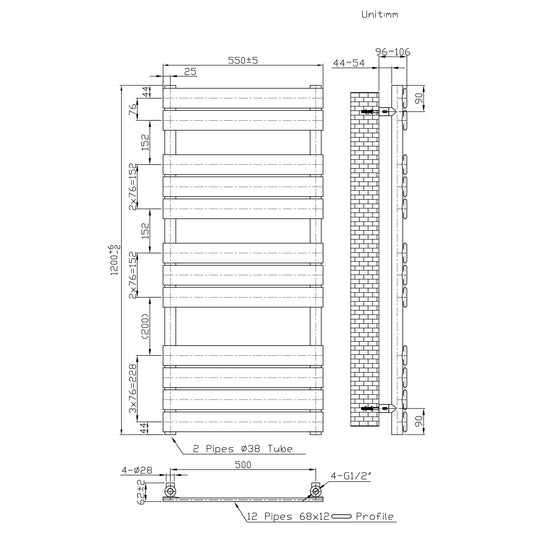 550 x 1200mm Matt Black Heated Towel Rail Radiator – Flat Panel Designer 2216 BTU Central Heating UK