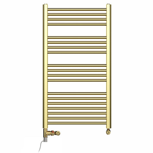 Dual Fuel 550 x 1000mm Shiny Gold Heated Towel Rail Radiator- (incl. Valves + Electric Heating Kit) 