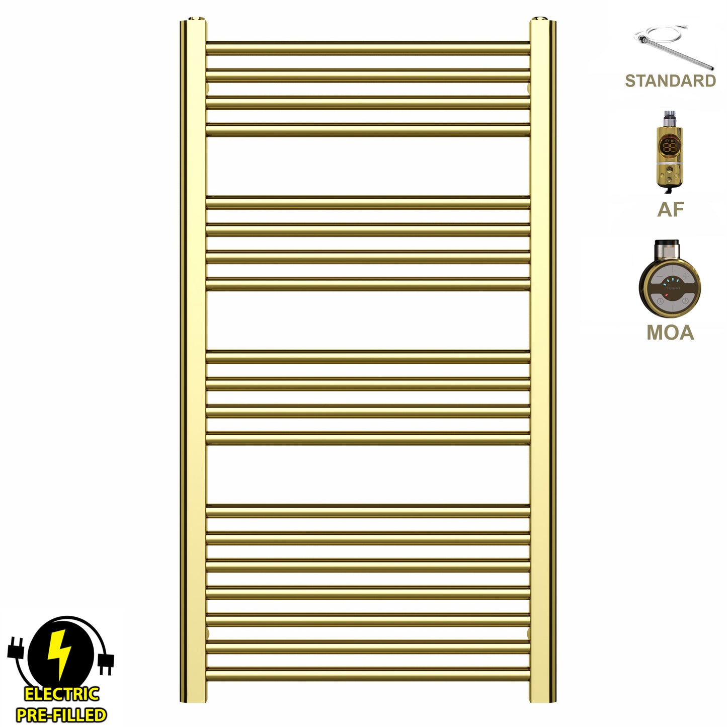 500mm Wide - 1000mm High Shiny Gold Electric Heated Towel Rail Radiator