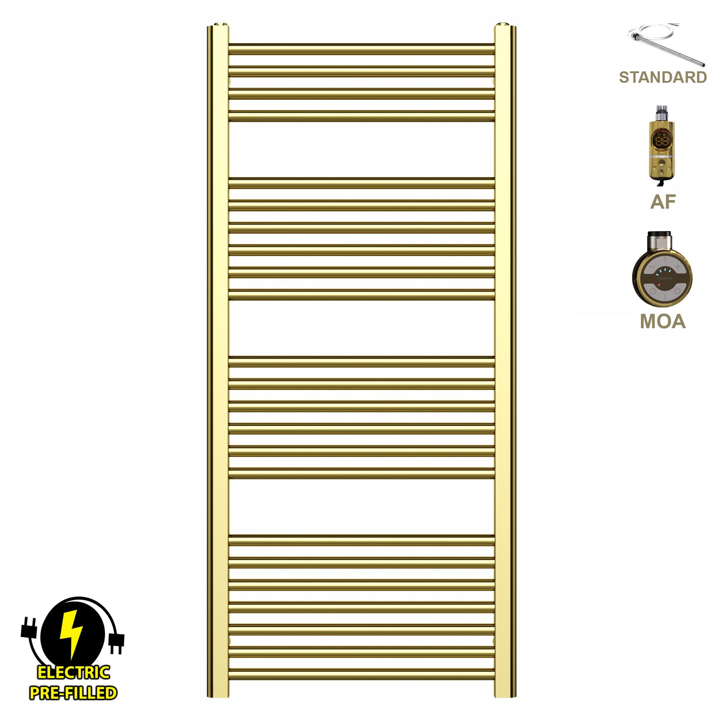 500mm Wide - 1200mm High Shiny Gold Electric Heated Towel Rail Radiator