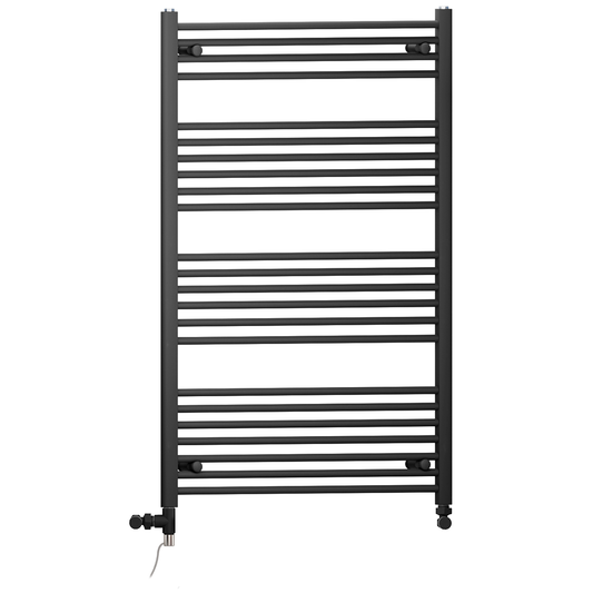 Dual Fuel 700 x 1200mm Straight Matt Black Heated Towel Rail - (incl. Valves + Electric Heating Kit) 