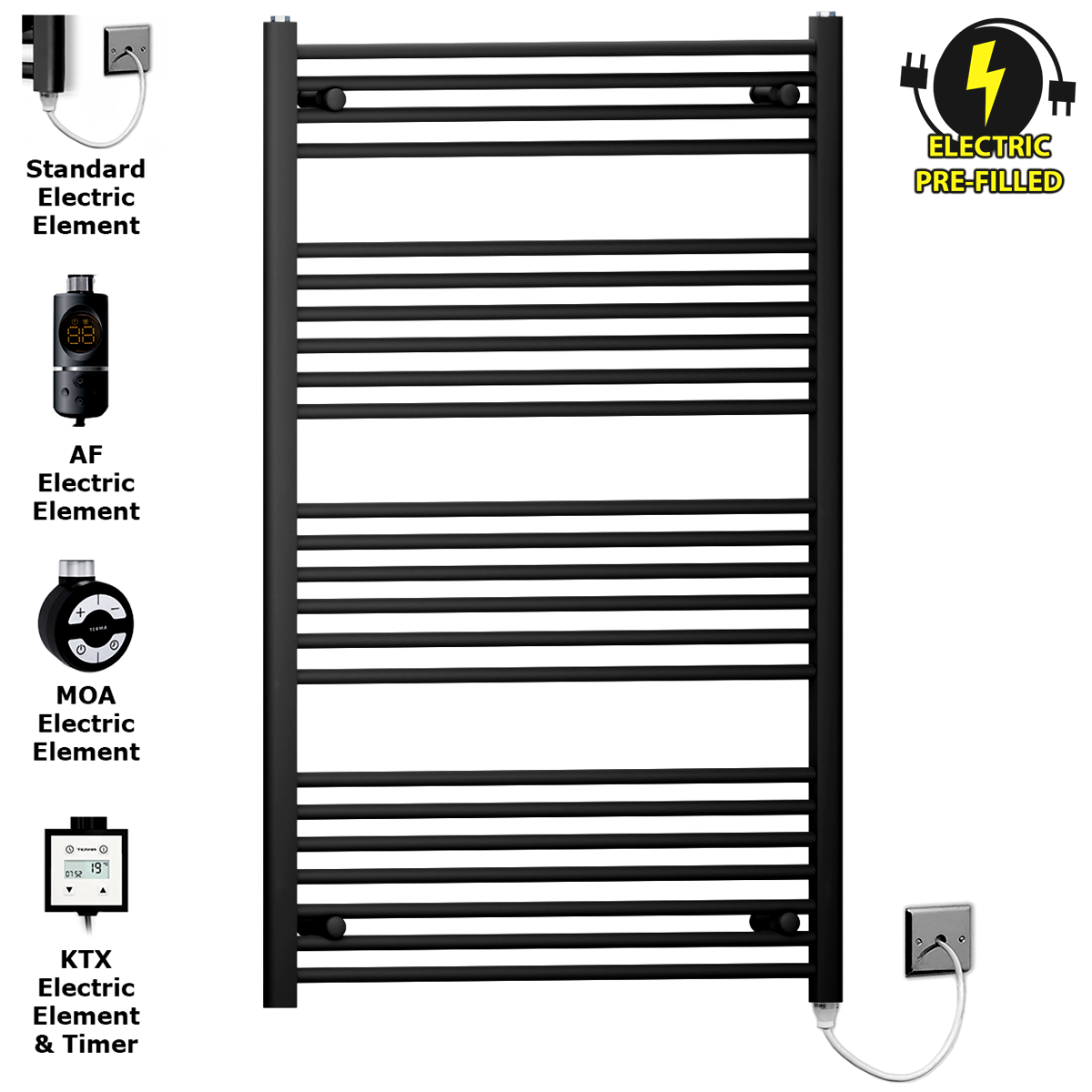80 120 Matt Black Towel Rail Radiator Heated Warmer Wide High Electric Pre Filled Element All Elements