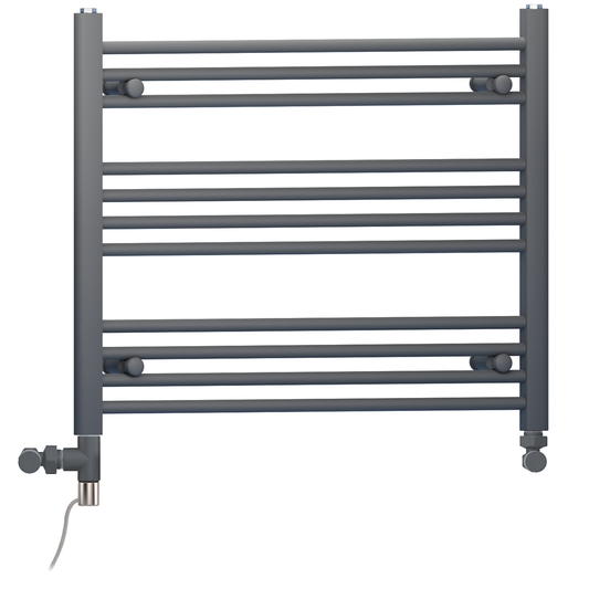 Dual Fuel 900 x 600mm Straight Anthracite Grey Heated Towel Rail - (incl. Valves + Electric Heating Kit) 