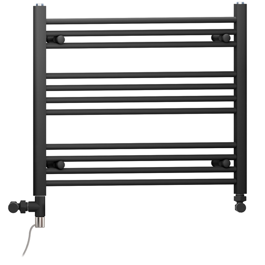 Dual Fuel 900 x 600mm Straight Matt Black Heated Towel Rail - (incl. Valves + Electric Heating Kit) 