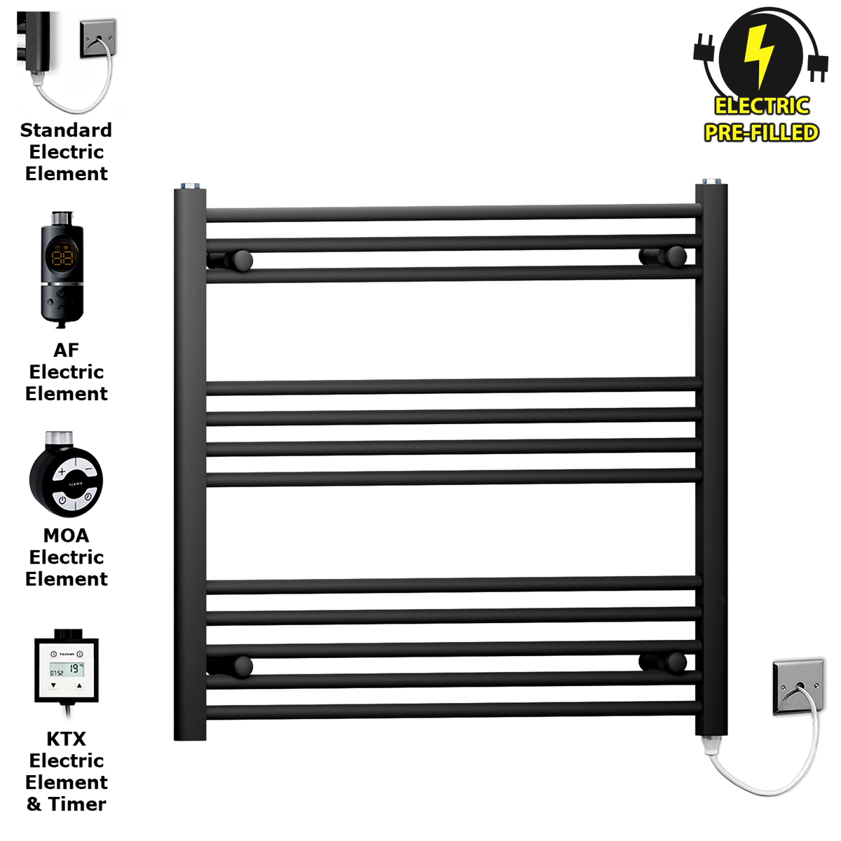 80 70 Matt Black Towel Rail Radiator Heated Warmer Wide High Electric Pre Filled Element All Elements 360e3385 1c91 4e89 8efd 21bf70d21afc
