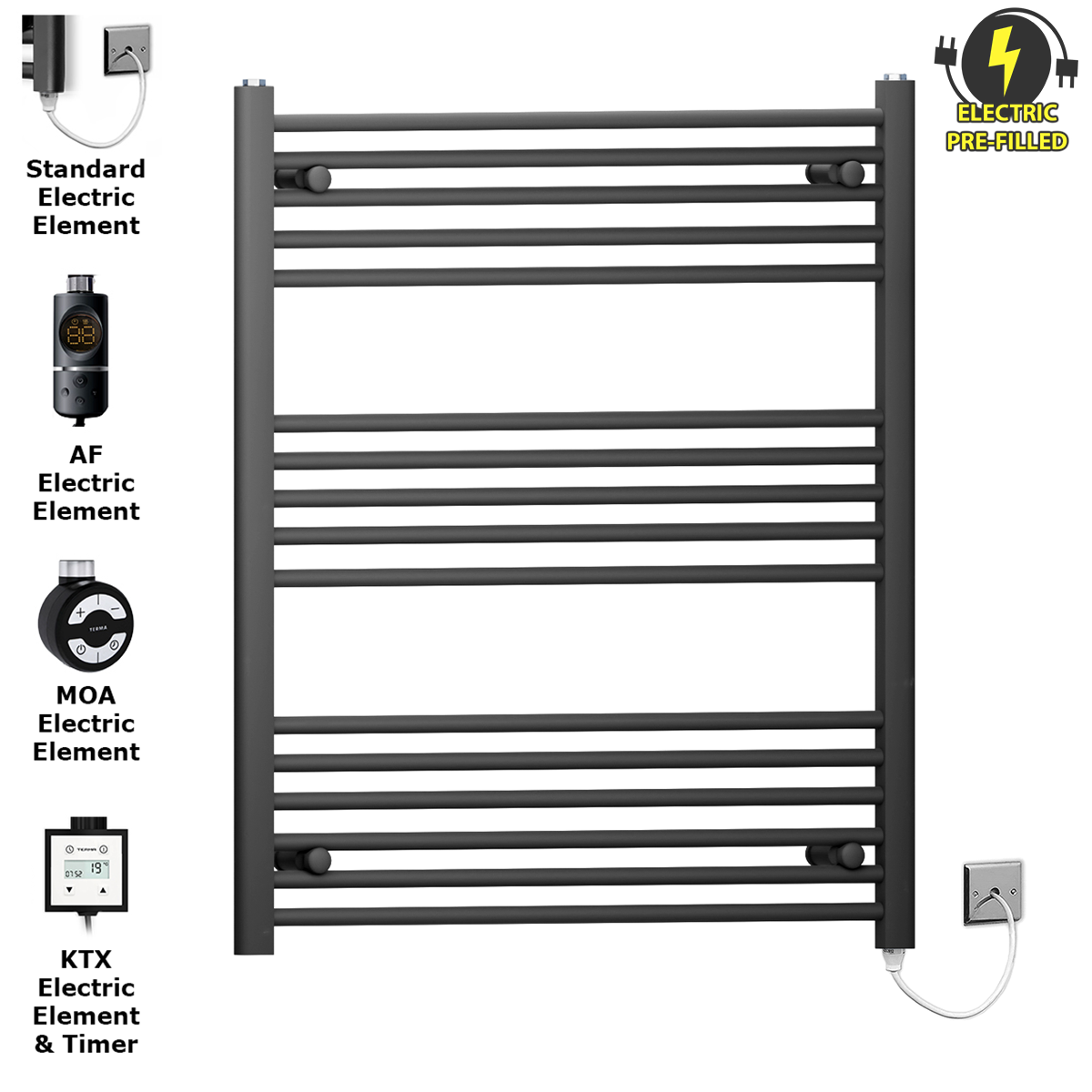  800mm Wide - 900mm High Flat Black Electric Heated Towel Rail Radiator