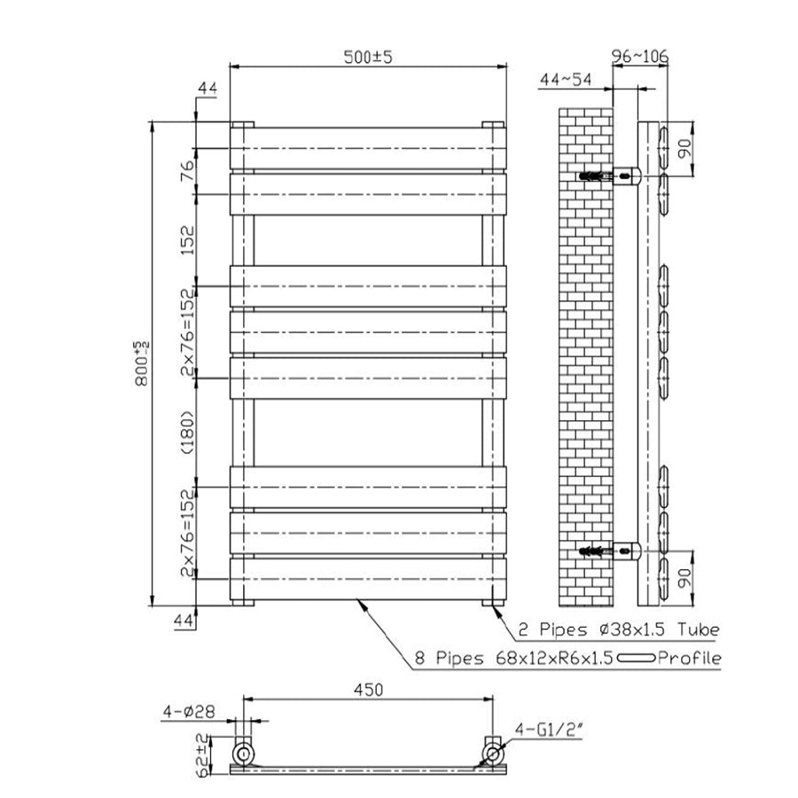  500 x 800mm Chrome Heated Towel Rail Radiator – Flat Panel Designer  1,096 BTU Central Heating UK