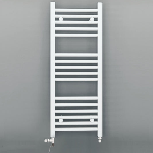 Dual Fuel 400 x 900mm Straight White Heated Towel Rail - (incl. Valves + Electric Heating Kit) 