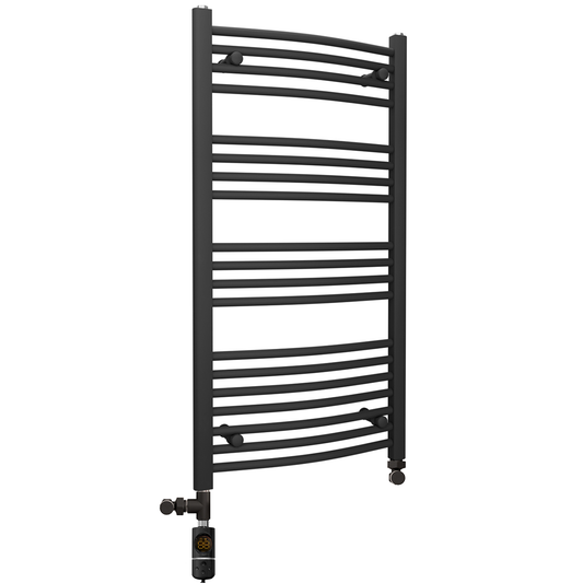 Dual Fuel 500 x 1000 mm Mattschwarzer gebogener beheizter Handtuchhalter – (inkl. Ventile + Elektroheizungs-Kit) 