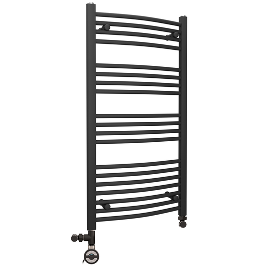 Dual Fuel 450 x 1000 mm Mattschwarzer gebogener beheizter Handtuchhalter – (inkl. Ventile + Elektroheizungs-Kit) 