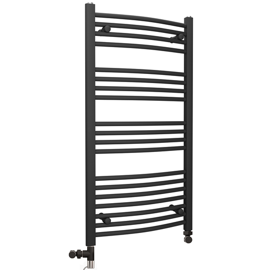 Dual Fuel 400 x 1000mm Matt Black Curved Heated Towel Rail - (incl. Valves + Electric Heating Kit) 